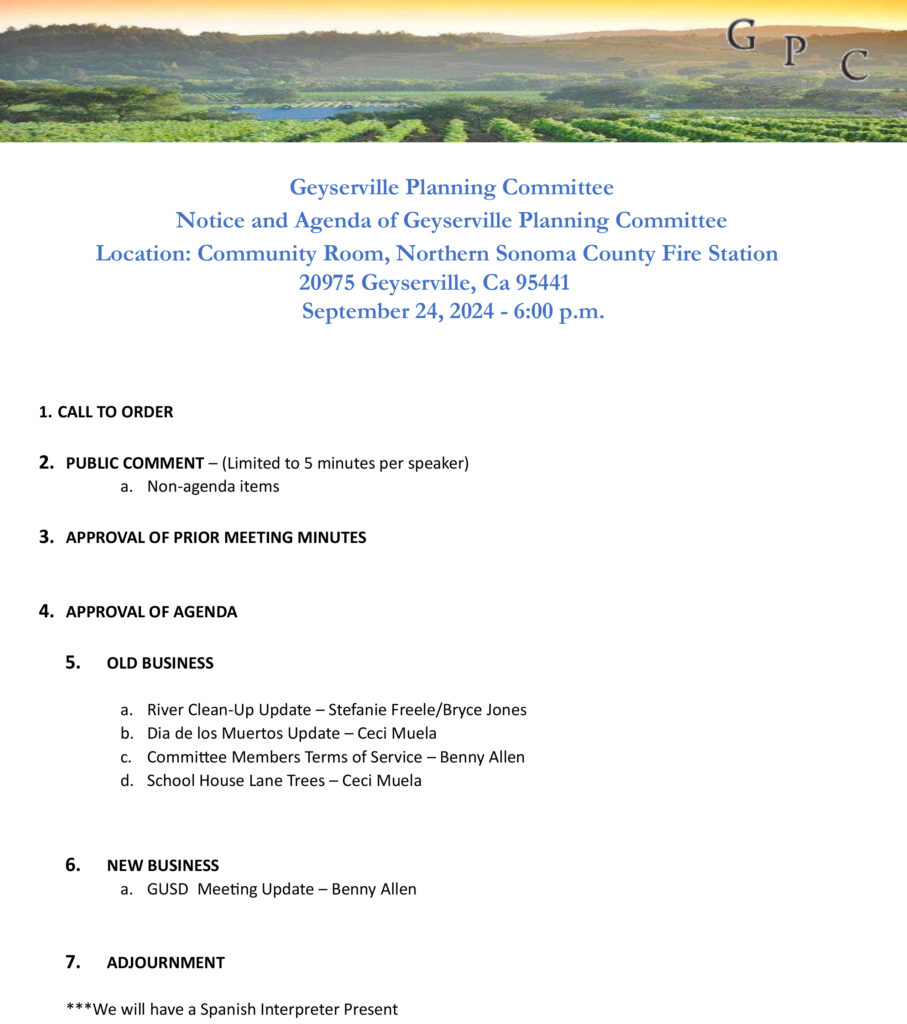 Geyserville Planning Committee meeting on Tuesday, September 24, 2024, at 6 p.m. in the Community Room at Northern Sonoma County Fire Station (20975 Geyserville Ave, Geyserville, CA 95441).